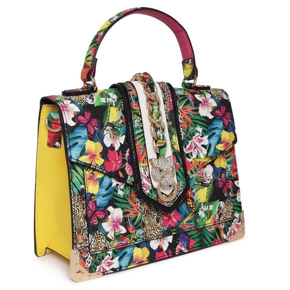 Aldo Baro Tropical Print Top Handle Satchel Bag, Yellow/Multi w/ Crossbody Strap - Picture 2 of 10